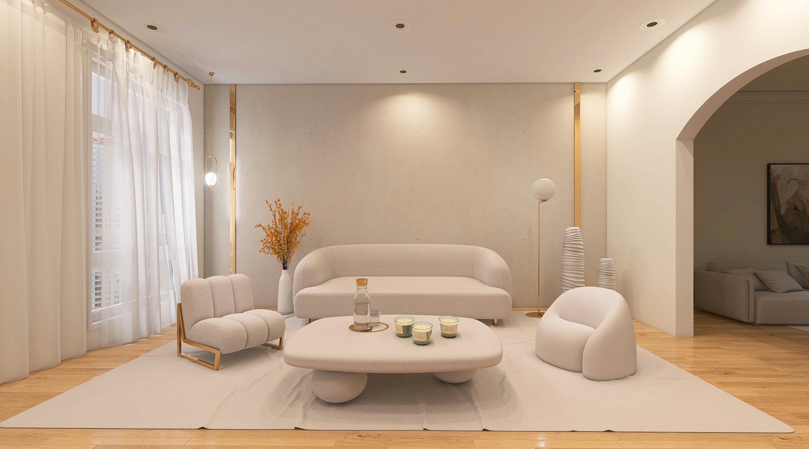 A bright living room with a cream sofa, armchairs and tall curtains