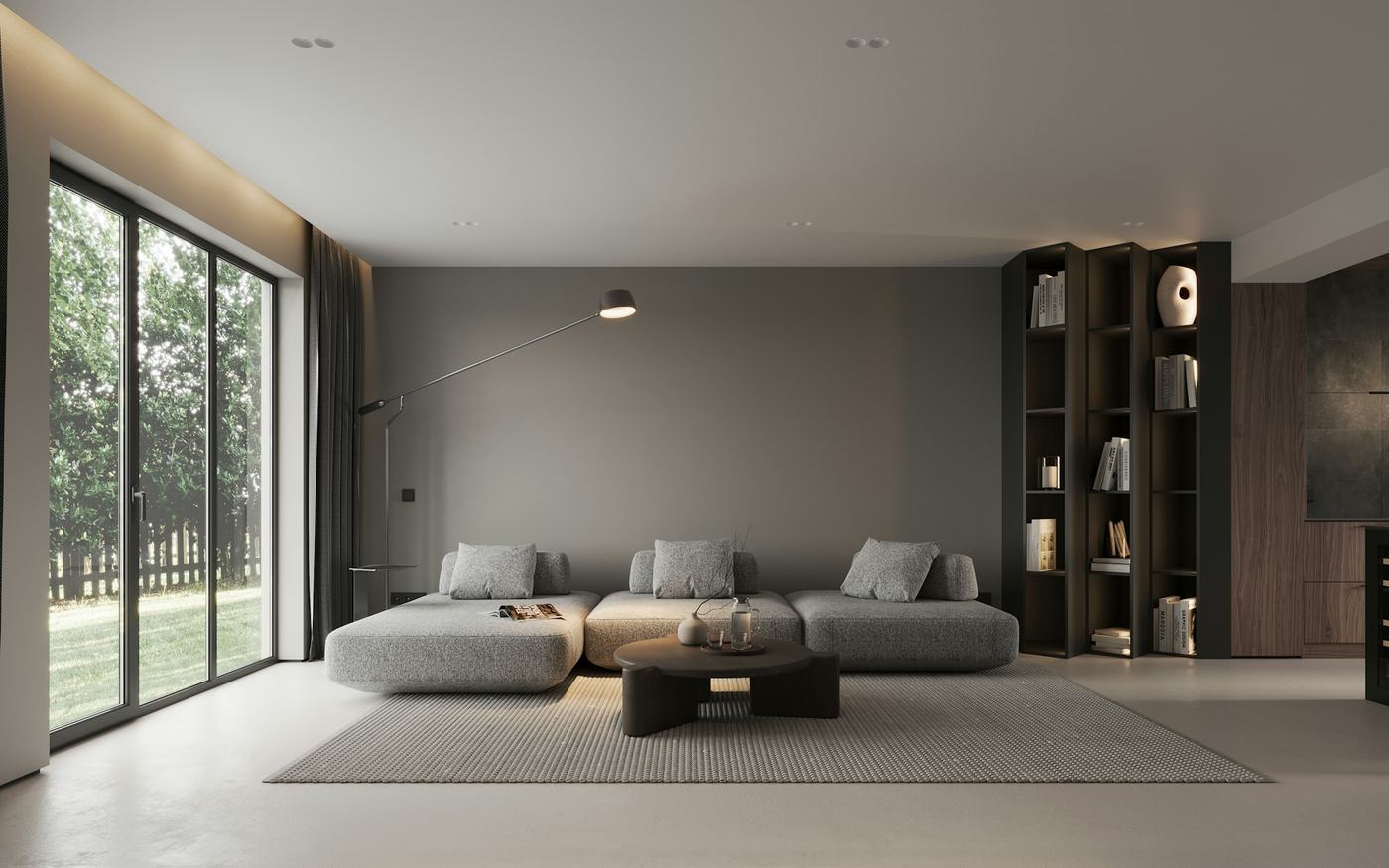 A calm modern living room with a large window and a low sofa